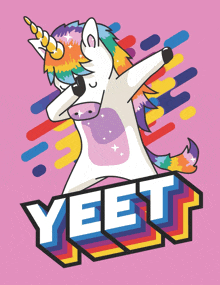 a unicorn dabs on a pink background with the word yeet above it