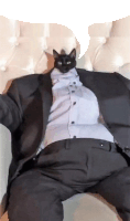 a man in a suit has a black cat on his shoulder