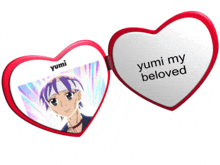 a heart shaped mirror with the words yumi my beloved on it