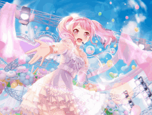 a girl with pink hair and a white dress is surrounded by balloons and lights