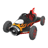 a black and red toy car with flames on the side and mario tires