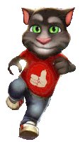 a cartoon cat with green eyes is wearing a red shirt and jeans