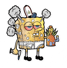 a cartoon of spongebob holding a bong and a knife .