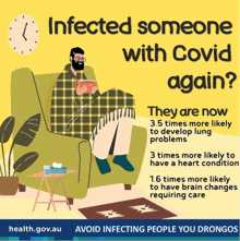 a poster that says ' infected someone with covid again ' at the top