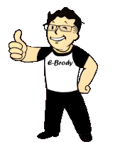 a cartoon character with glasses and a shirt that says e-brody is giving a thumbs up