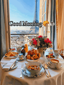 a picture of a breakfast table with the words good morning written on it