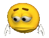 a yellow smiley face with a sad look on its face and white hands behind it .