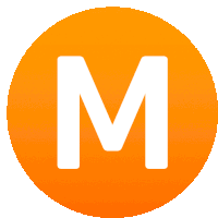 an orange circle with a white letter m inside