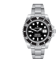 a silver and black rolex submariner watch with a black face