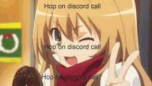 a girl giving a peace sign while holding a donut with the words " hop on discord call " above her