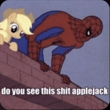 a cartoon of a spiderman and a pony on a roof .