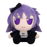 a stuffed toy with purple hair is wearing a shirt that says riu merch