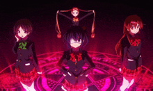 a group of anime girls are standing in front of a circle with a purple light behind them