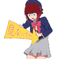 a girl with red hair is holding a yellow arrow pointing to the left