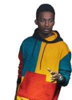 a young man wearing a colorful hoodie is pointing at something