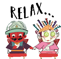 a cartoon drawing of a man and a woman holding hands with the word relax below them