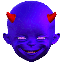 a blue face with red horns and purple eyes