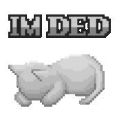 a pixel art of a cat laying down with the words `` i 'm dead '' below it .