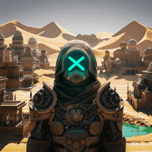 a robot with a green x on his face stands in the desert