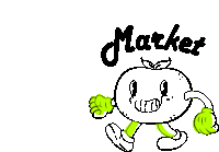 a cartoon drawing of a tomato with green arms and legs and the word market below it .