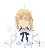 a blonde anime girl with a blue bow tie is making a funny face