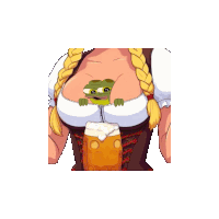 a cartoon of a woman holding a beer with a frog on her chest