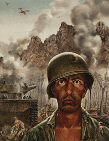 a painting of a soldier with a tank in the background and smoke coming out of the mountains