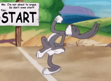 bugs bunny is standing in front of a sign that says start