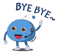 a blue cartoon character wearing a headset and waving says bye bye