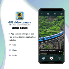 an advertisement for gps video camera shows a train going over a bridge