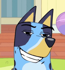 a close up of a cartoon dog 's face with a purple ball in the background