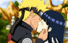 a cartoon of naruto and hinata kissing in front of mountains