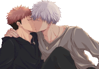 two anime characters kissing with one wearing a necklace with a letter c on it