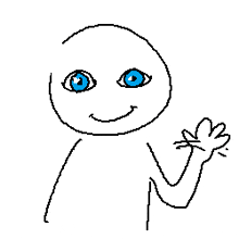 a drawing of a person with blue eyes waving their hand