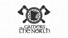 a logo for gamers of the north with two crossed axes and a celtic design