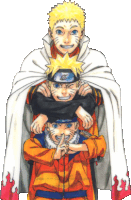 a drawing of three naruto characters with one wearing a white cape with flames on the sleeves