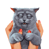 a woman with red nails is holding a gray cat