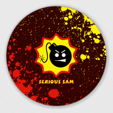 a serious sam sticker with a bomb on a red background