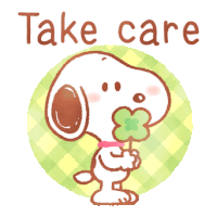 a picture of snoopy holding a clover and the words take care