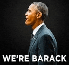 a man in a suit and tie is standing in front of a black background and says `` we 're barack '' .