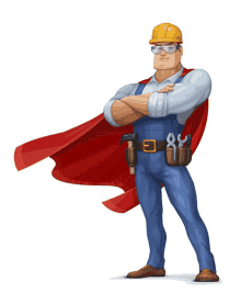 a cartoon illustration of a construction worker wearing a hard hat and a red cape