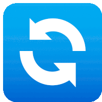 a blue square icon with two white arrows in a circle