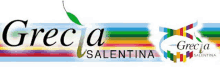 a colorful logo for greca salentina with a green leaf in the middle