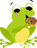 a frog is holding a donut with sprinkles in its mouth