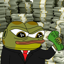 a frog in a suit and tie holds a 500 dollar bill