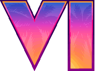 a purple and pink triangle with palm trees in the background is the letter vi