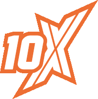 an orange and white logo with the number 10x