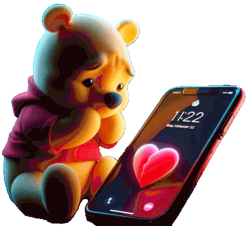 winnie the pooh sitting next to a cell phone that says 11:22