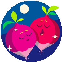 a cartoon illustration of two radishes with their eyes closed and a full moon in the background