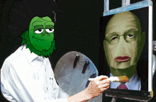 a man with a green face is painting a picture of a man